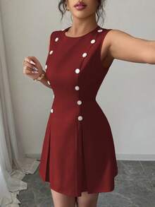 Elenzga Váy ngắn thắt eo đính đá lấp lánh, phong cách Pháp cổ điển thanh lịch, phù hợp cho lễ tốt nghiệp, tiệc tùng, hẹn hò, đi làm, đa năng - Màu Đỏ Sâu - Xem 4