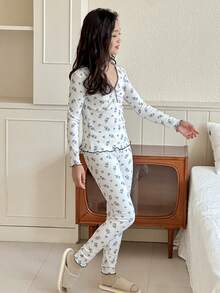 DAZY Tween Girls V-Neck Ditsy Floral Knit Pajama Set, Autumn - White - View 2