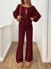 SHEIN Tall Ensemble décontracté pour femmes composé d'un cardigan tricoté à manches longues avec épaules tombantes et nœud devant, et d'un pantalon tricoté, couleur unie, automne/hiver, pour femmes grandes - Rouge foncé - Voir 4
