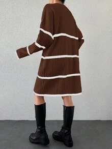 EURMUSE 女用條紋落肩毛衣洋裝 - 巧克力棕 - 查看 2