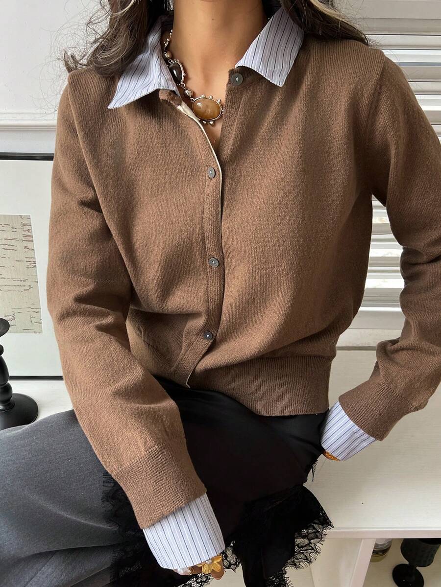 DAZY 女式撞色条纹拼布二合一休闲开衫 - 駝色 - 查看 1