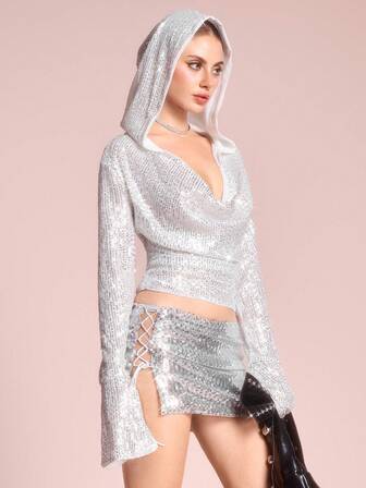 ROMWE Avant Damen Musik Party Kapuzen Langarm T-Shirt