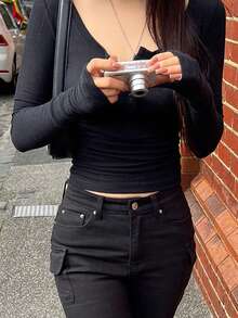 DAZY 女士纯色前开襟长袖简约T恤，休闲黑色外出上衣 - 黑色 - 查看 8