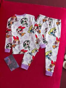 THE POWERPUFF GIRLS X SHEIN 2pcs/Set Young Girl Cute Cartoon Blossom, Bubbles, Buttercup Pattern Crew Neck Long Sleeve Top And Leggings Knit Snug Fit Pajama Set - White - View 3