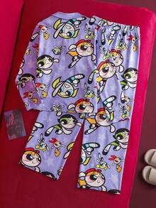 THE POWERPUFF GIRLS X SHEIN 2pcs Tween Girl Cute Cartoon Blossom, Bubbles, Buttercup Pattern Button Front Top And Straight Leg Loose Fit Pants Pajama Set Power Puffs Girls Pajamas Tween Girl Power Puff Pjs Powerpuff Girls Sleepwear Girls Pajamas Cartoon Pajamas - Purple - View 3
