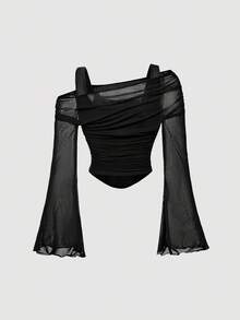 SHEIN MOD 2 chiếc áo thun tay chuông vai bất đối xứng màu nâu và đen - màu nâu - Xem 7
