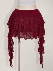 SHEIN ICON Plus Size Vacation Casual Sexy White Lace Ruffle Hem Mini Skirt With Safety Shorts, Suitable For Summer, Music Festivals, Back To School Season - Burgundy - View 2