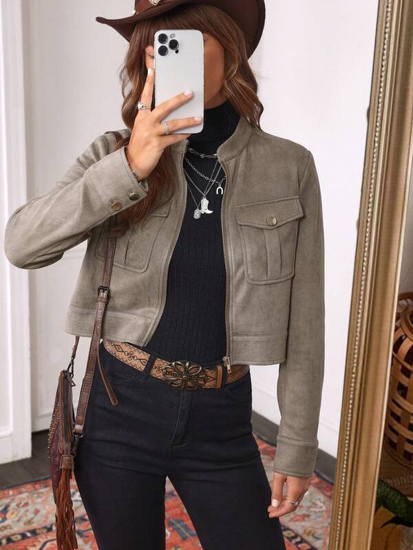 LanaWest Women's Autumn/Winter Large Pocket Metal Button Short Military Green Jacket