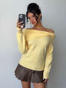 Aloruh Women's Elegant Off Shoulder Twist Loose Pale Yellow Sweater, Autumn/Winter - Butter Yellow - View 4