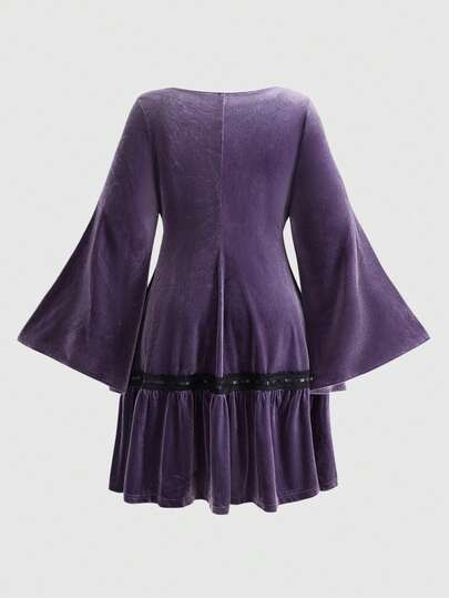Goth Plus Size Vintage Romantic Dark Sweet Flare Sleeve Velvet Waist Dress, Birthday Dress