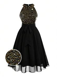 Rometta 大码女式无袖亮片拼接优雅连衣裙，适合感恩节长款女装 - 黑色 - 查看 7