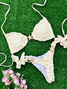 Selianne Bộ 2 món đồ bơi đi biển mùa hè cho nữ, áo hở lưng gợi cảm và quần bikini buộc dây dễ thương, đồ bơi trơn màu trang trí kim loại - Màu be - Xem 3