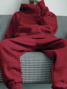 Claim Dot Bộ đồ thể thao nam màu trơn, tay dài, vai rớt, có dây rút, gồm áo hoodie và quần nỉ, màu đỏ đậm, thích hợp cho mùa thu/đông, có lớp lót giữ nhiệt. - Gỗ đỏ - Xem 1