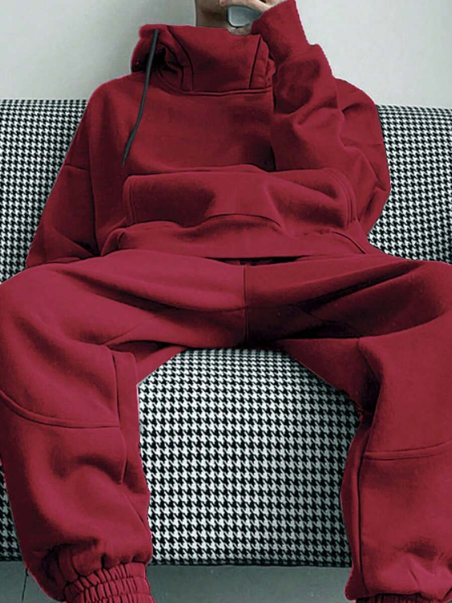 Claim Dot Bộ đồ thể thao nam màu trơn, tay dài, vai rớt, có dây rút, gồm áo hoodie và quần nỉ, màu đỏ đậm, thích hợp cho mùa thu/đông, có lớp lót giữ nhiệt. - Gỗ đỏ - Xem 1