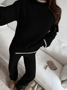 SHEIN Unity 2pcs/Set Women Contrast Trim Stand Collar Sweater And Pants Set, Casual Fall Winter Cloth For Women - Black and White - View 3