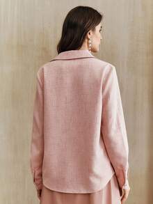 Anewsta Elegant Floral Chiffon Long Sleeve Blouse, Versatile Pink Shirt For Daily Wear - Pink - View 2