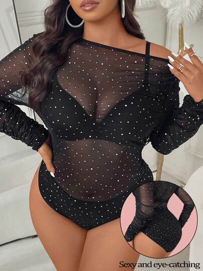 Femmeverse Plus Size Women Sexy Sequin Mesh Long Sleeve  Rhinestone Bodysuit, Slim Fit ,Glamorous,Party,Festival,Christmas,Light,Night Out For Women In Fall/Winter