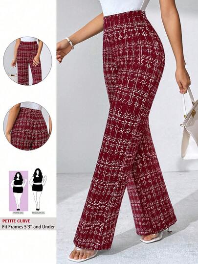 SHEIN PETITE CURVE Plus Size Elegant Women's Plaid Printed Elastic Knitted Pants, Suitable For Various Occasions/Christmas/Winter