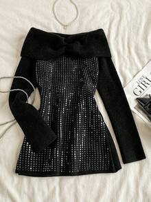 SHEIN Unity Vestido sexy para mujer con hombros descubiertos, con cuentas y lentejuelas - Negro - Ver 4
