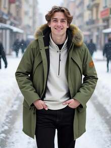 SHEIN 青少年男童军绿色长款连帽派克大衣，休闲学院风，舒适时尚，百搭实用，面料柔软，适合日常穿着、上学、圣诞节、郊游、户外活动、冬季、假期等场合。男童冬季外套，男童长款外套，青少年男童夹克，男童连帽外套，男士外套，秋冬季服装，羽绒服。