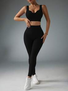 Dewbera 无缝高弹力运动健身文胸和紧身裤套装 - 黑色 - 查看 7