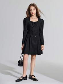 Ontre Tween Girl Black Chiffon Bow Gold Double-Breasted Pleated Dress - Black - View 4