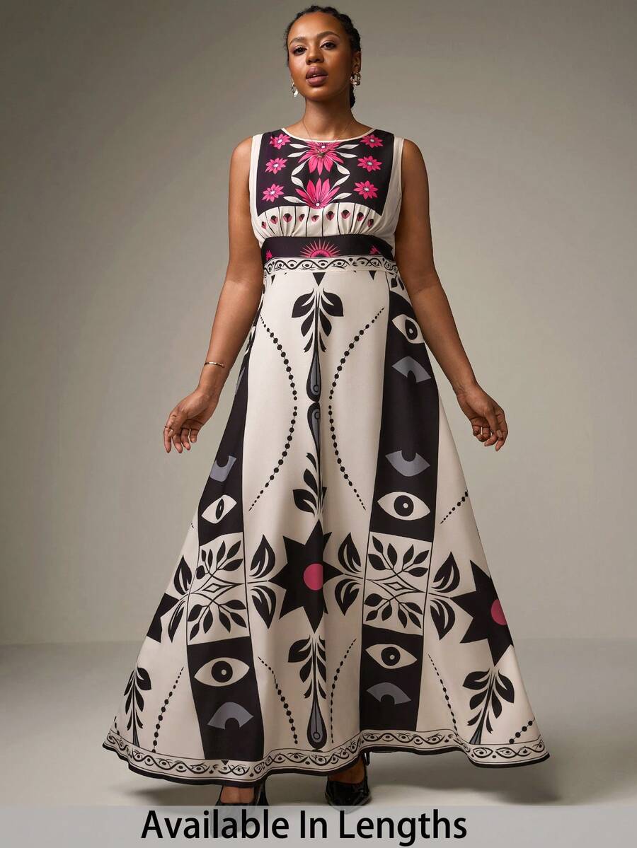 SHEIN Tall CURVE Street Style Plus Size Women Tropical Rainforest Print Sleeveless Maxi Dress,Boho Clothes Women Graphic Dress Unique Dress Patchwork Dress Floral Print Maxi Dress Abstract Print Dress Patch Work Dress Long Dress Summer Mexican Style Dress Women