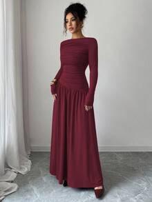 Elenzga 女士牛奶丝针织弹力露肩褶裥前腰A字宽松长袖连衣裙，优雅法式浪漫风，适合办公室、通勤、街头穿着、冬季穿着，百搭实用 - 酒紅色 - 查看 3