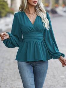 SHEIN LUNE Áo sơ mi peplum đơn giản, cổ chữ V tay dài, xếp ly đơn giản, thường ngày - Màu xanh ngọc - Xem 6