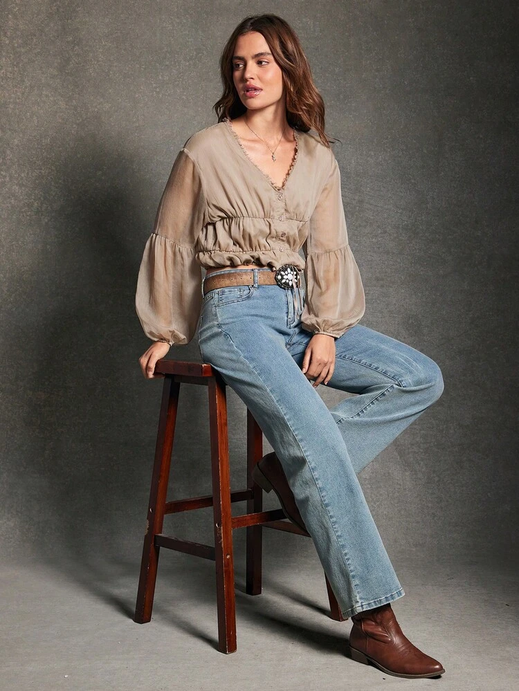 WESTFADE Blusa corta de manga larga con cuello en V, botones frontales, volantes y cintura con cordón, de gasa y encaje floral, para otoño, invierno, estilo bohemio, casual, vacaciones, Navidad, Año Nuevo, concierto country, vestimenta campestre - Marrón - Añade 4