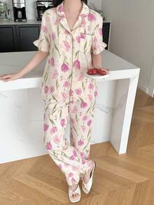 Bộ đồ ngủ nữ tuổi teen, áo thun cổ bẻ, tay ngắn, in hoa, cài nút, quần dài, mùa xuân/hè - Nhiều màu - Xem 4