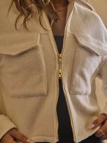 Aralina Áo khoác len pha khóa kéo ngắn có túi nắp phía trước, cổ bẻ, áo khoác ngoài cổ điển đường phố - Màu be - Xem 15