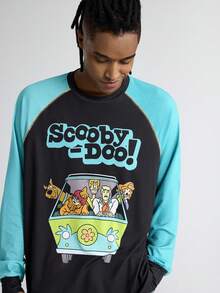 SCOOBY-DOO X SHEIN Men's Cartoon Pattern Contrast Color Raglan Sleeve Top And Pants Pajama Set, Autumn, Fall & Winter Clothes - Black - View 5