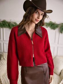 LanaWest 女式拉链拼布领休闲针织开衫 - 紅色 - 查看 8