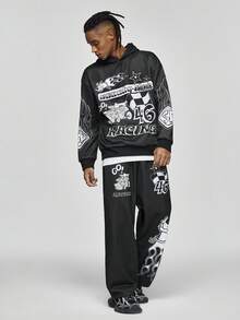 SCOOBY-DOO X SHEIN Conjunto de sudadera con capucha y pantalón de chándal con bolsillo con gráfico de letra y coche para hombre - Negro - Ver 3