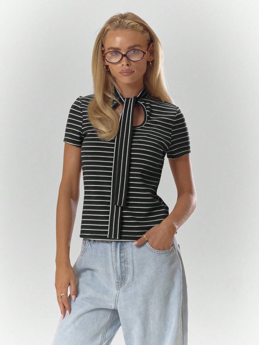 MUSERA ملابس علوية كم قصير مطابق مع تفاصيل ربطة عنق مخططة، دافئ وجذاب للاستخدام اليومي، مناسب لحفلات والأعياد والمناسبات