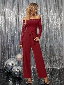 SHEIN Clasi Women's Elegant Party Solid Color Lace Patchwork Off-Shoulder Jumpsuit - Red - View 5