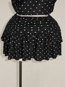 SHEIN ICON 大码女式复古休闲性感 Y2K 波尔卡圆点图案分层蛋糕迷你裙 - 黑與白 - 查看 10