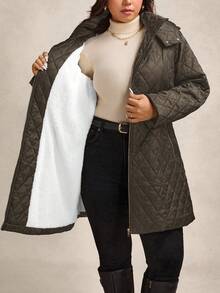 Zelara Quilted Padded Coat With Metal Belt, Plus Size Hooded Coat In Fall/Winter - Coffee Brown - View 6