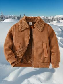 Tween Boy Solid Color Sherpa Lined Zip-Up Casual Jacket, Autumn/Winter Burgundy Boho Goth Y2k Rave Vacation Holiday Festival Christmas Fall Winter Vintage Casual Cozy