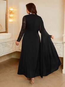 Firerie Đầm xòe cổ tròn đính lưới sequin sang trọng cho nữ cỡ lớn - màu đen - Xem 6