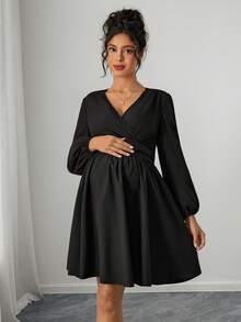 SHEIN Maternity Elegant Solid Lantern Sleeve Dress For Autumn - Black - View 6