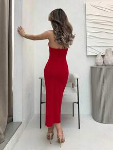 Jemour Red Sleeveless Sexy Backless Wrap Dress For Women - Red - View 2
