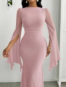 SHEIN Lady 女士纯色网纱拼接长袖修身连衣裙，包臀鱼尾下摆，优雅连衣裙 - 粉色 - 查看 6