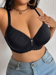 1 Áo ngực ren vá có gọng mỏng nâng đỡ và hỗ trợ thoải mái cỡ lớn - màu đen - Xem 1