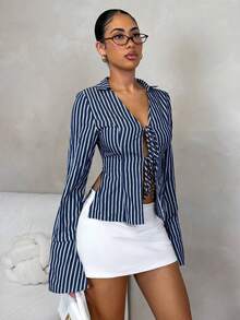 SHEIN Glamour قميص كم طويل بأكمام واسعة مزين بربطة، ملابس خارجية كاجوال وملابس رسمية للنساء، خريف/شتاء