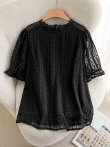 CosyJoli Plus Size Elegant Simple Versatile Chiffon Jacquard Lace Patchwork White Women Shirt, Suitable For Office,Slightly Sheer, Commuting, And Outings Spring To Summer - Black - View 6