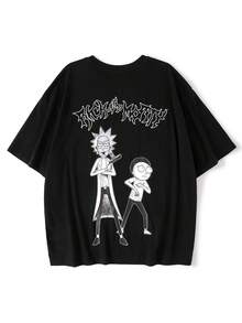 Rick and Morty X SHEIN Plus Size Men's Casual Letter & Cartoon Character Print Round Neck Short Sleeve T-Shirt, Summer - Black - View 1