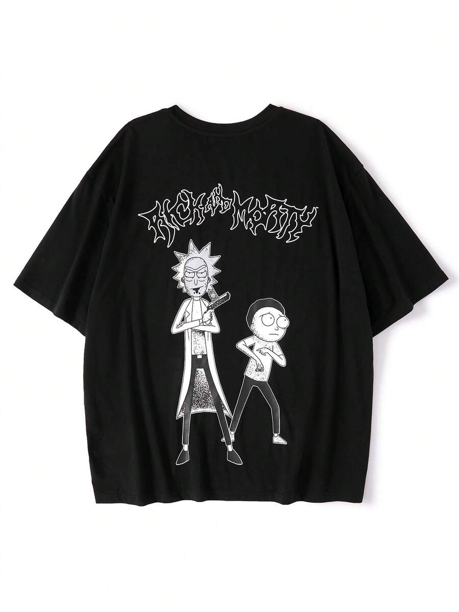 Rick and Morty X SHEIN Plus Size Men's Casual Letter & Cartoon Character Print Round Neck Short Sleeve T-Shirt, Summer - Black - View 1