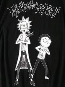 Rick and Morty X SHEIN Plus Size Men's Casual Letter & Cartoon Character Print Round Neck Short Sleeve T-Shirt, Summer - Black - View 7